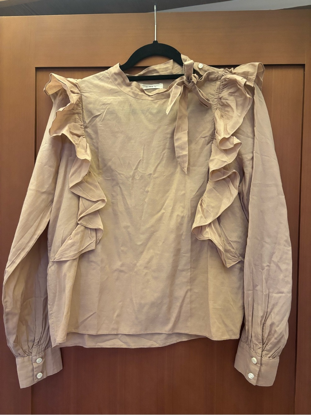 Doen Womens Ruffle Tie-Neck Blouse - beige/rose color